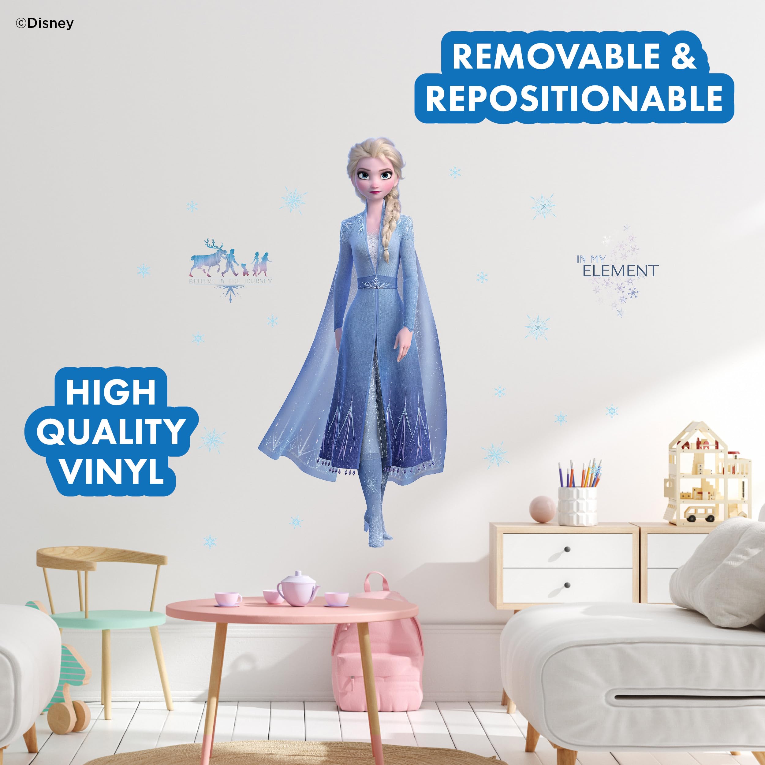 Elsa ice-blue gown wall sticker enhances playroom decor and storytelling moments.