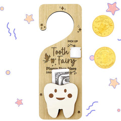 WALLFID tooth fairy door hanger full set on display, showcasing the wooden finish and gift pocket.