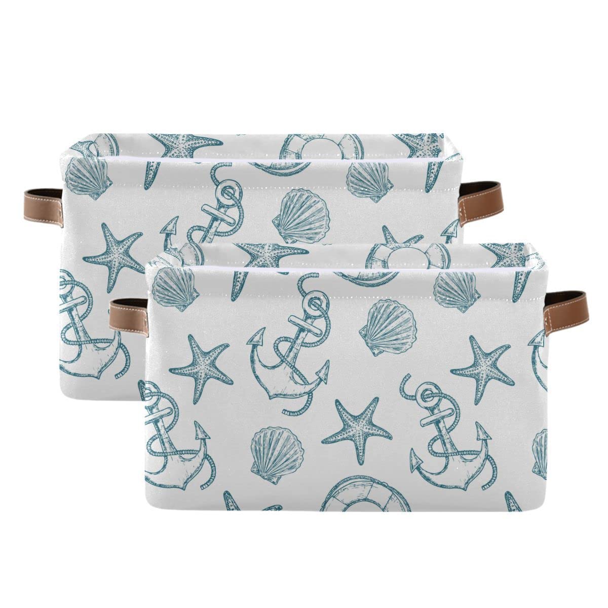 Wamika beach-pattern fabric bin adds nautical charm to nursery shelves.