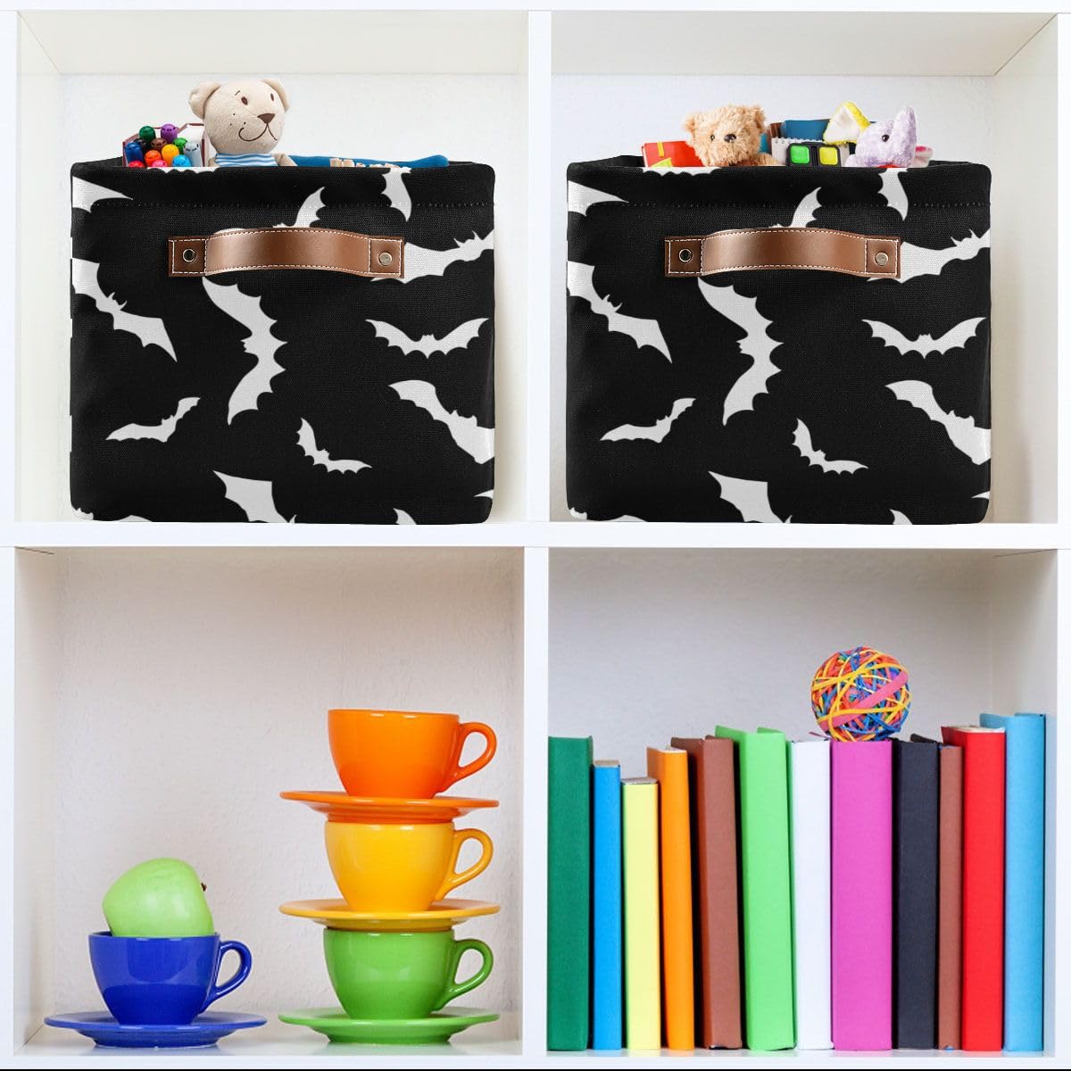 Wamika Halloween Bat storage basket with toys for tidy playroom organization.
