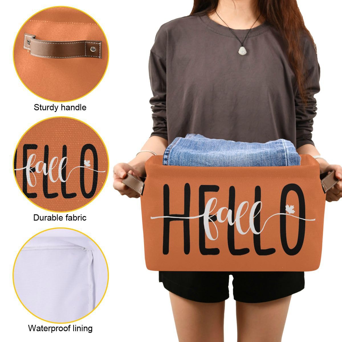 Wamika Hello Fall orange storage basket handles allow easy sliding from shelves