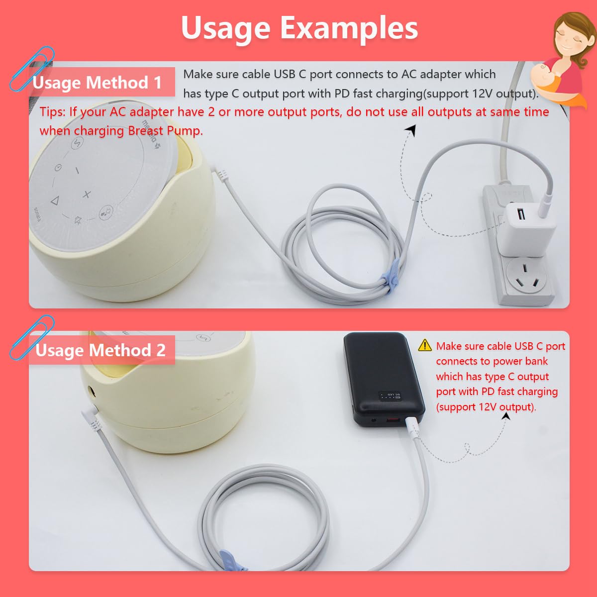 Wamlet 12V USB-C adapter with Ameda 12V pump at home