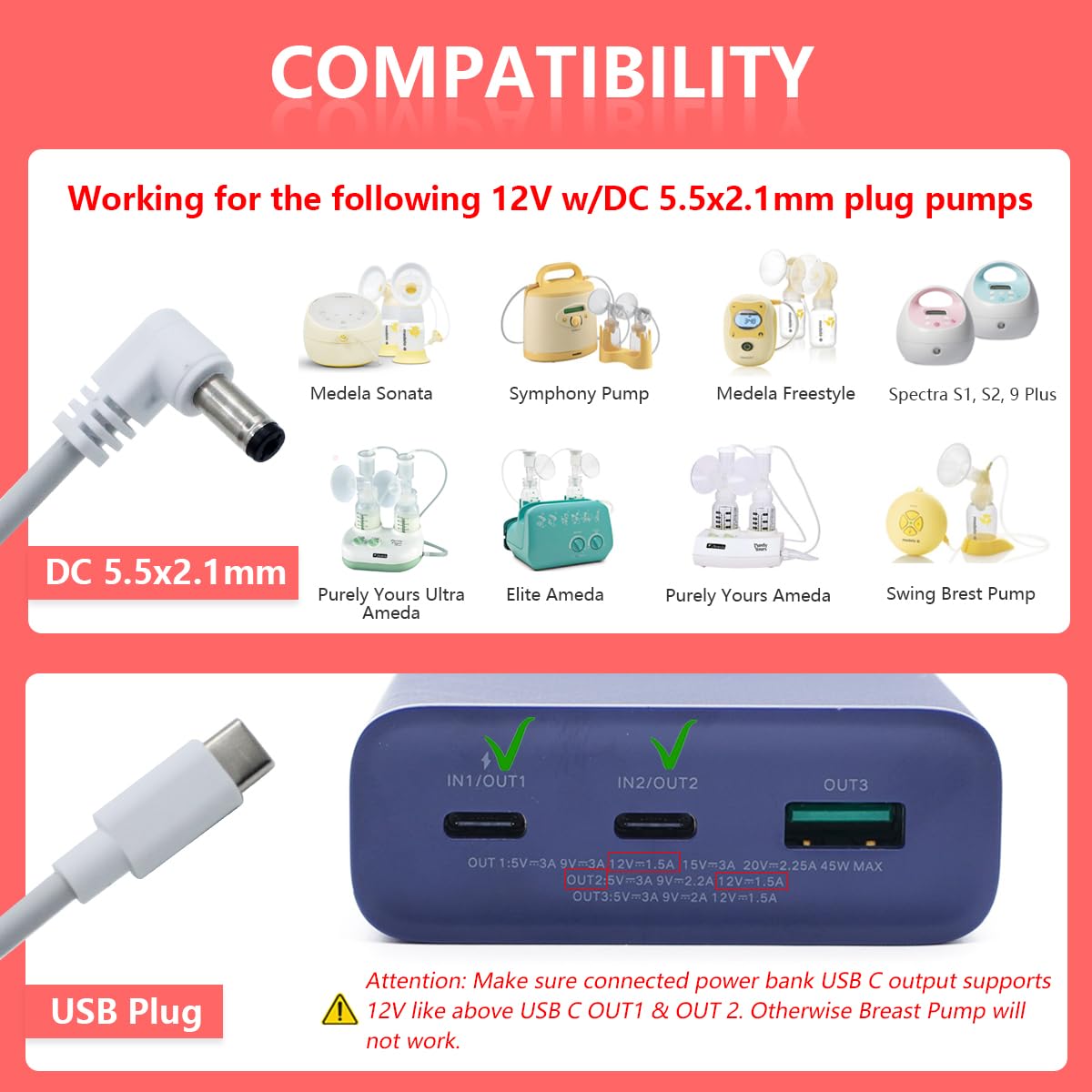 Wamlet 12V USB-C adapter with Lactina Hygeia EnJoye for quick pumping sessions