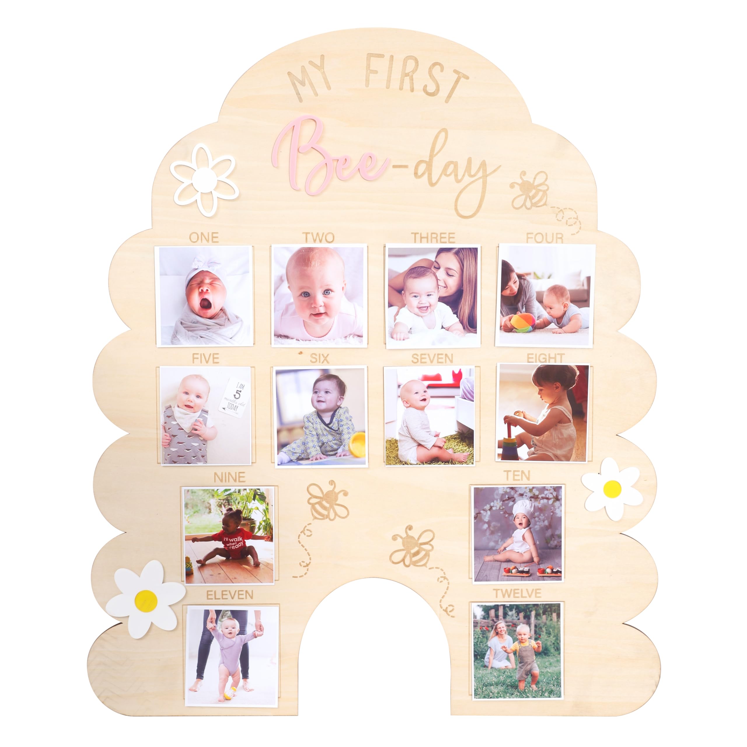 WAOUH My First Bee Day Monthly Photo Display showcases baby's milestones for family memories.