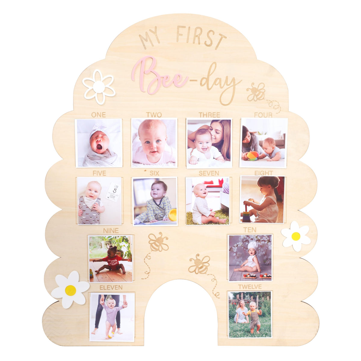 WAOUH My First Bee Day Monthly Photo Display showcases baby's milestones for family memories.