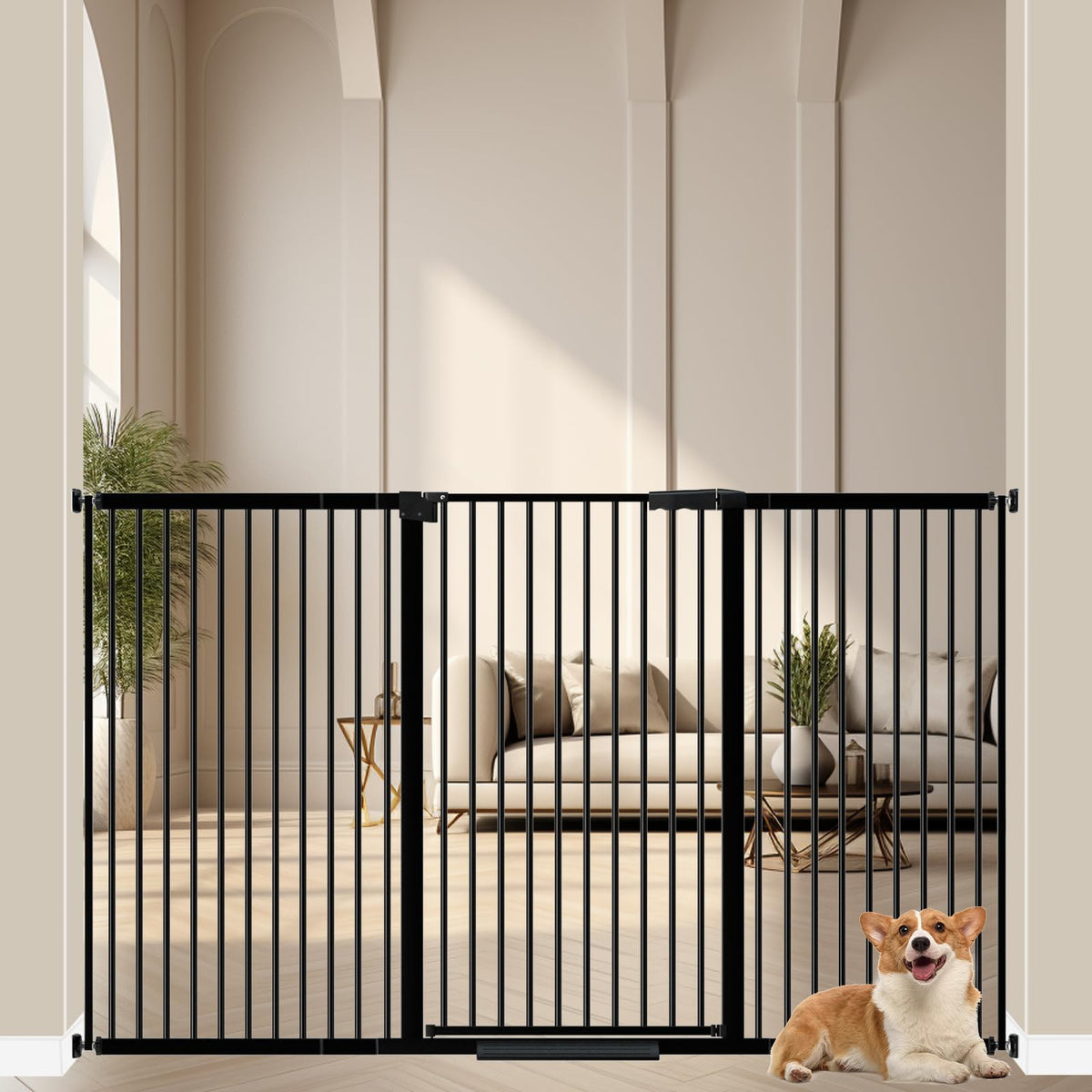 WAOWAO 40.55in extra tall gate mounted at stairs blocks jumping pets with a sleek black metal look.