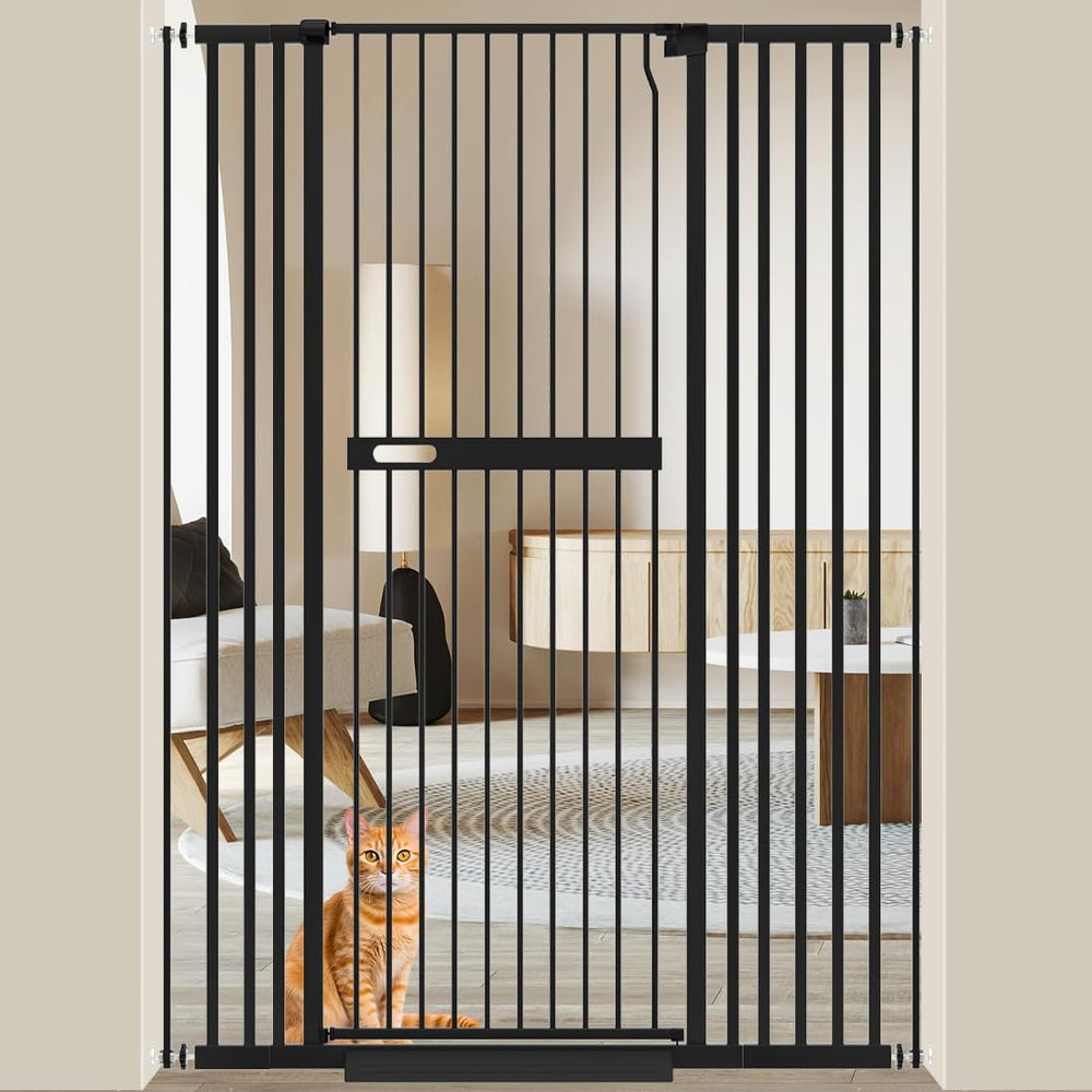 WAOWAO 71-inch extra tall cat gate front view in black metal, sturdy containment.
