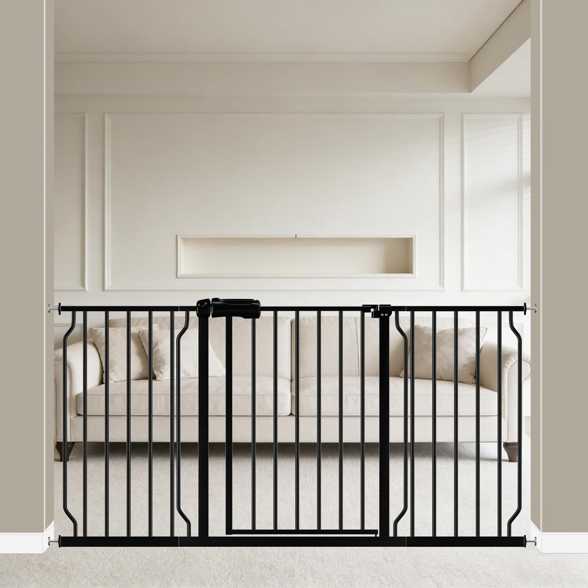 WAOWAO baby gate in extra-wide setup secures large openings.