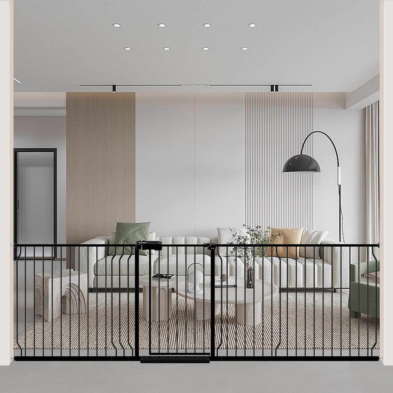 WAOWAO baby gate full view shows a wide, sturdy metal barrier for stairs and doorways, keeping pets secure.