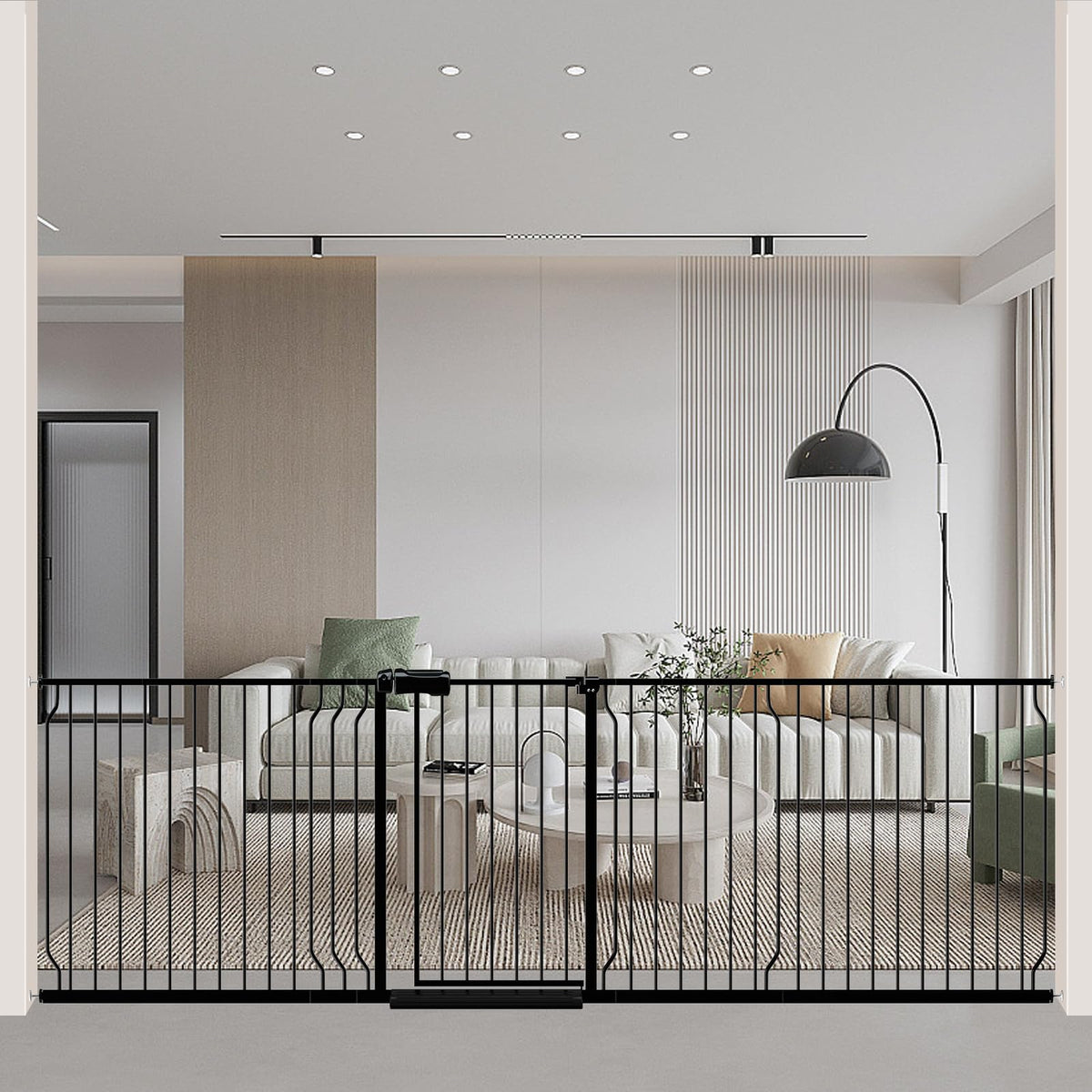 WAOWAO baby gate full view shows a wide, sturdy metal barrier for stairs and doorways, keeping pets secure.