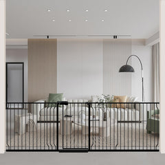 WAOWAO baby gate full view shows a wide, sturdy metal barrier for stairs and doorways, keeping pets secure.