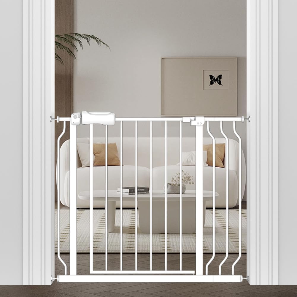 WAOWAO white walk-through baby gate for easy one-handed use and pet control.