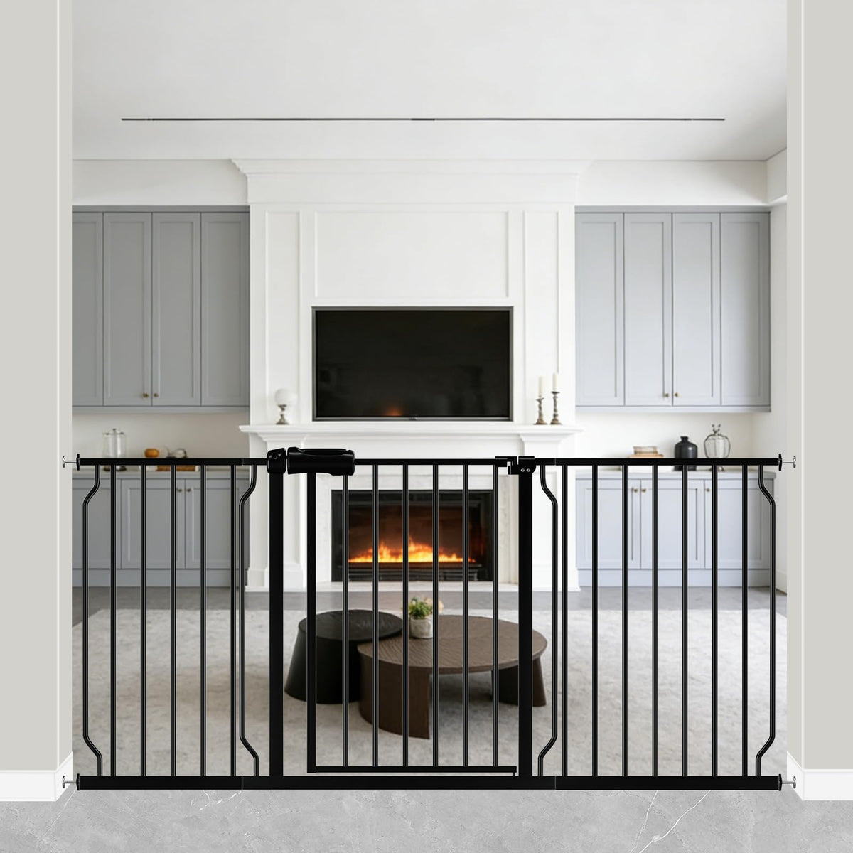 WAOWAO black baby gate with wide steel rails for safe pet containment.