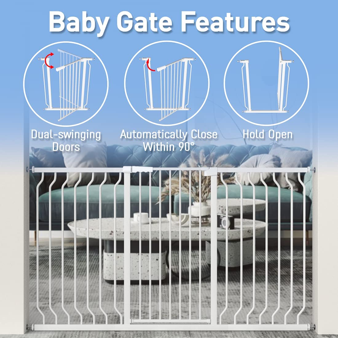 WAOWAO metal gate's tall durable frame stands up to daily use by kids and pets.