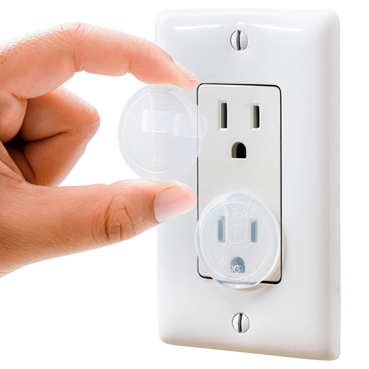 Wappa Baby clear outlet covers 50-pack packaging, easy protection for curious toddlers.