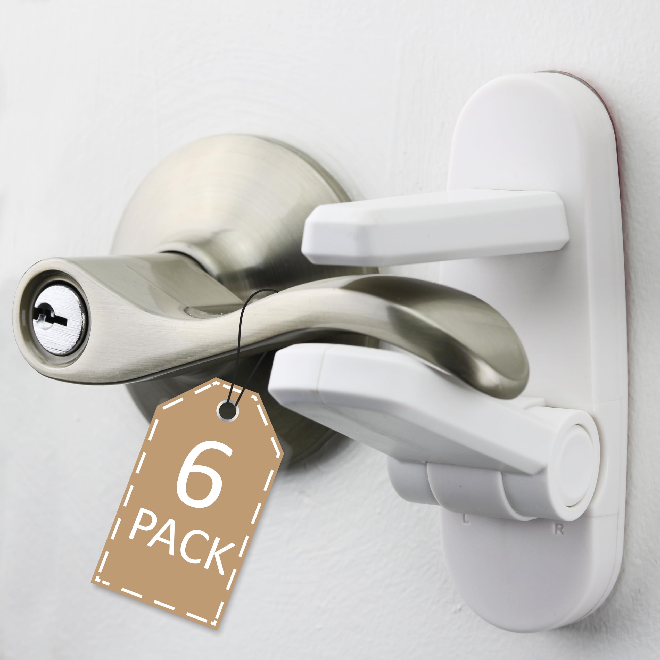 Wappa Baby door lever lock on a door, six-pack to safeguard multiple rooms.