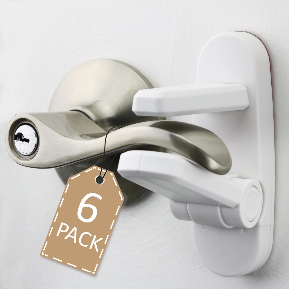Wappa Baby door lever lock on a door, six-pack to safeguard multiple rooms.