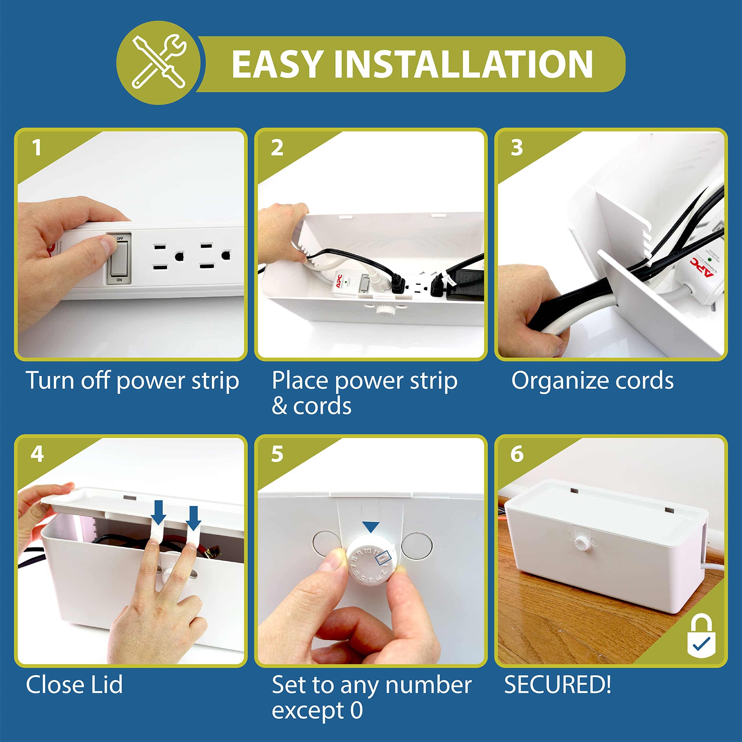 Wappa Baby power strip cover box behind desk with cord access.