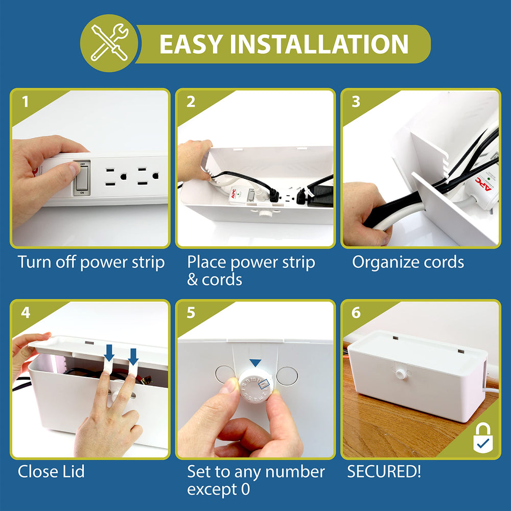 Wappa Baby power strip cover box behind desk with cord access.