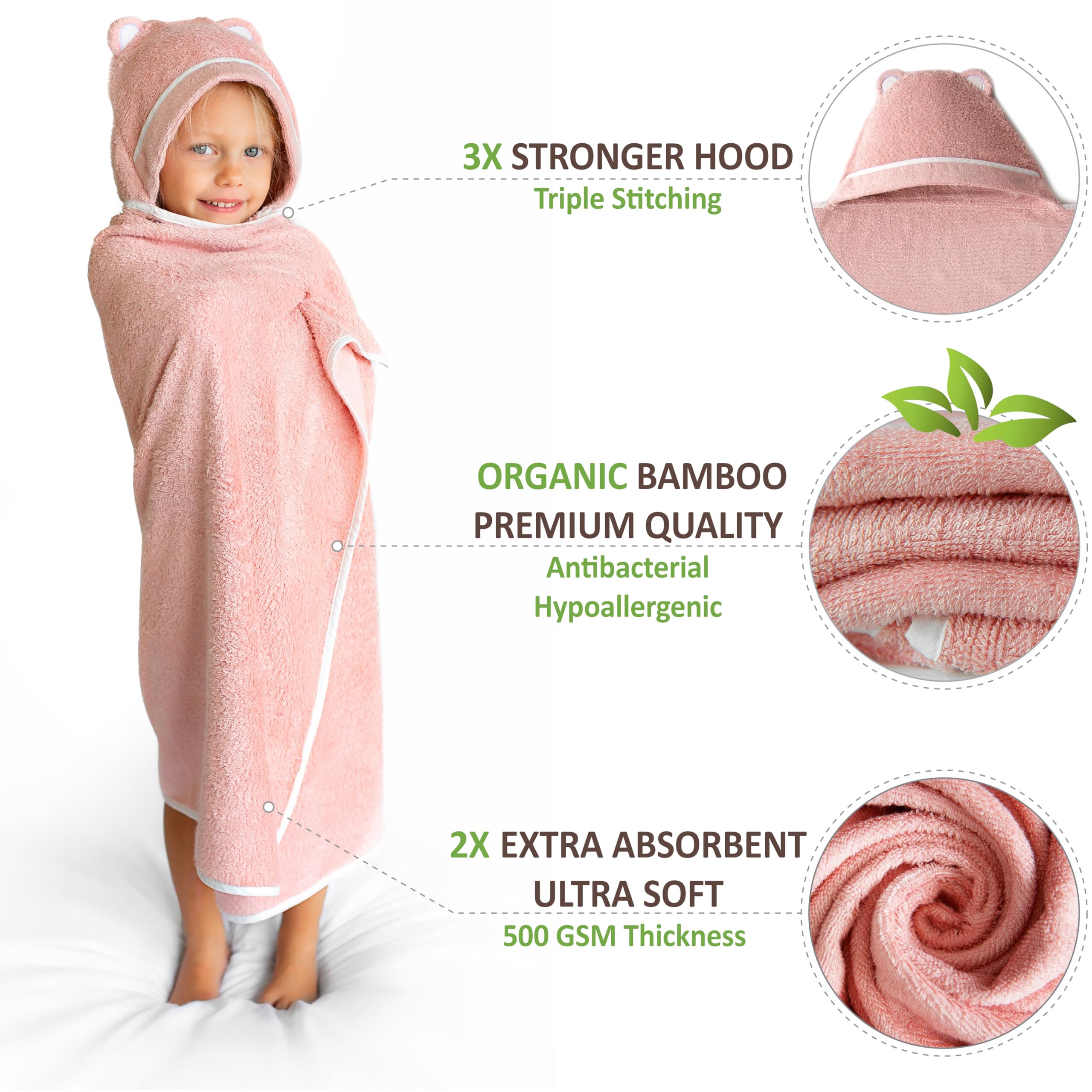 Warm Cuddles pink hooded towel, highly absorbent after bath time.