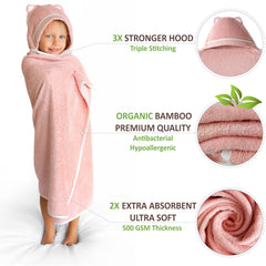 Warm Cuddles pink hooded towel, highly absorbent after bath time.