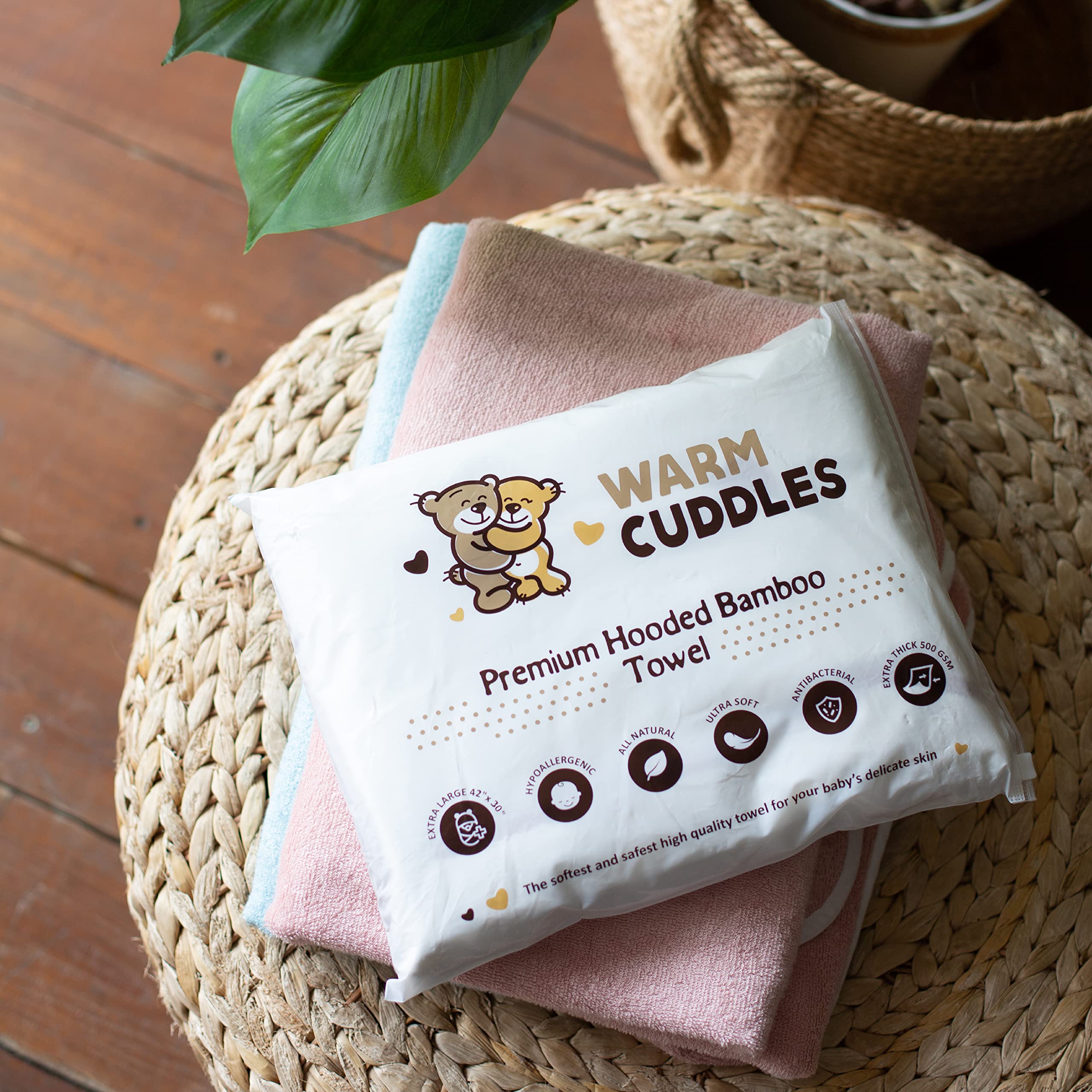 Warm Cuddles pink hooded towel, bamboo rayon for sensitive skin.