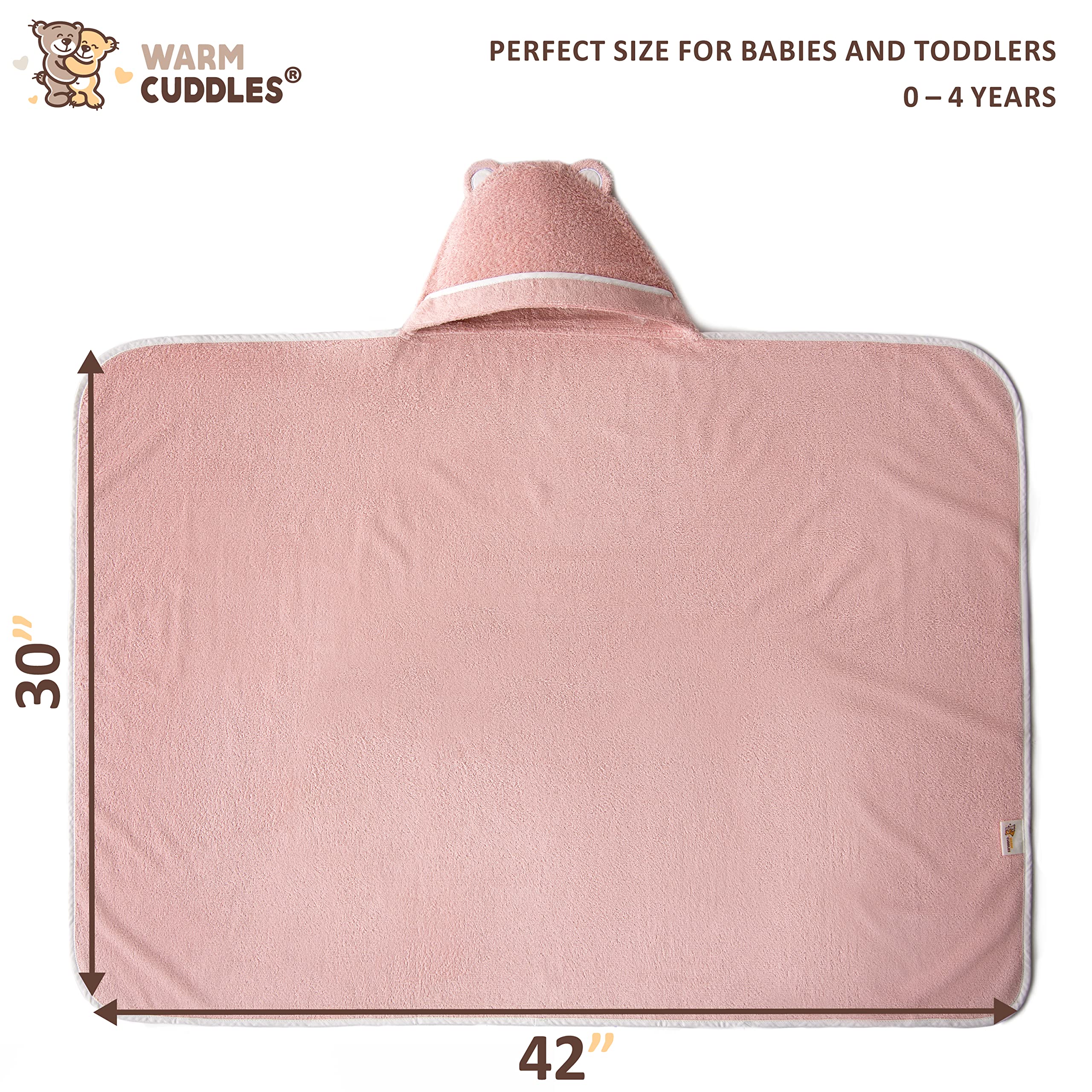 Warm Cuddles pink hooded towel, large 42x30 inches for growing toddlers.