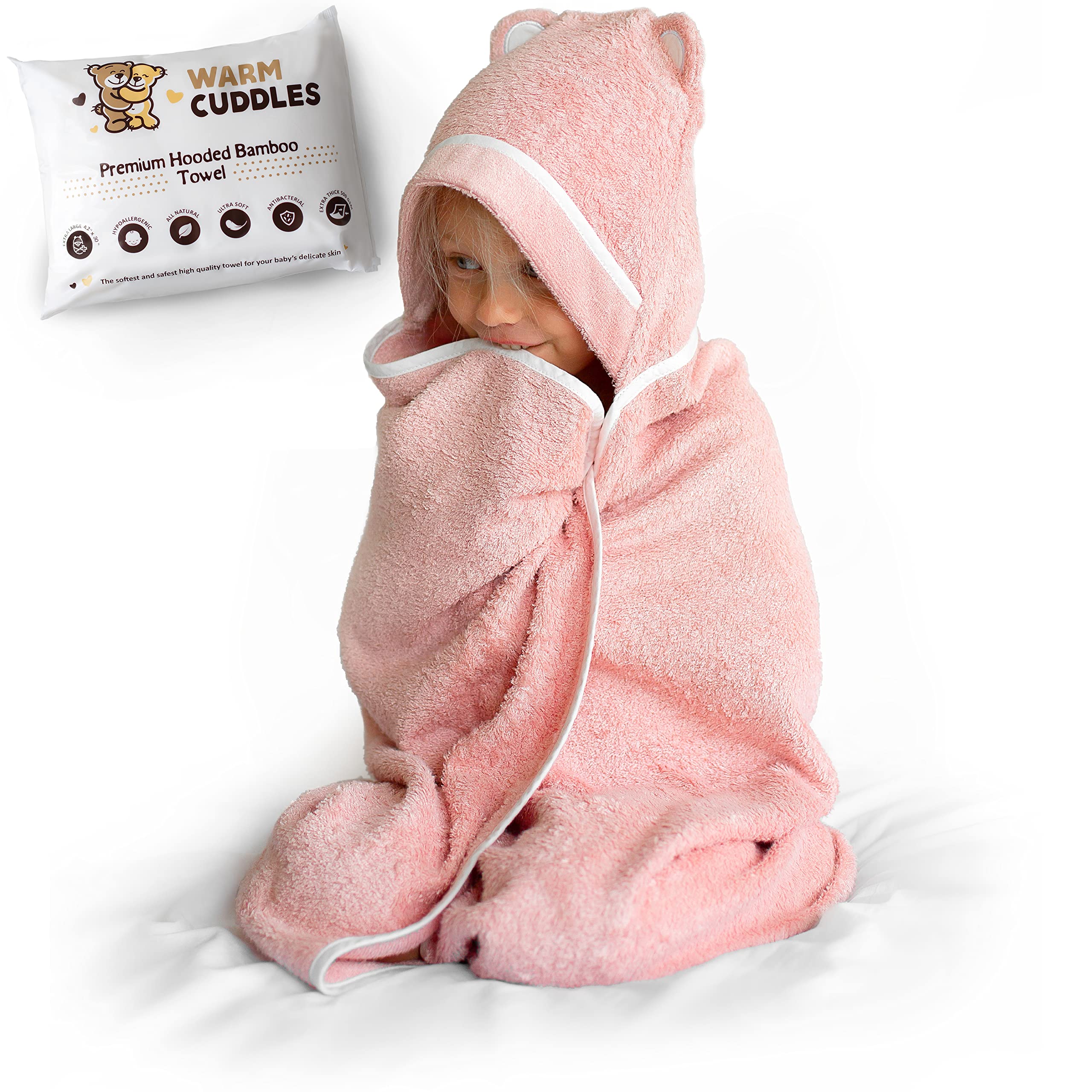 Warm Cuddles pink hooded towel, ultra-soft fabric for gentle bath time.