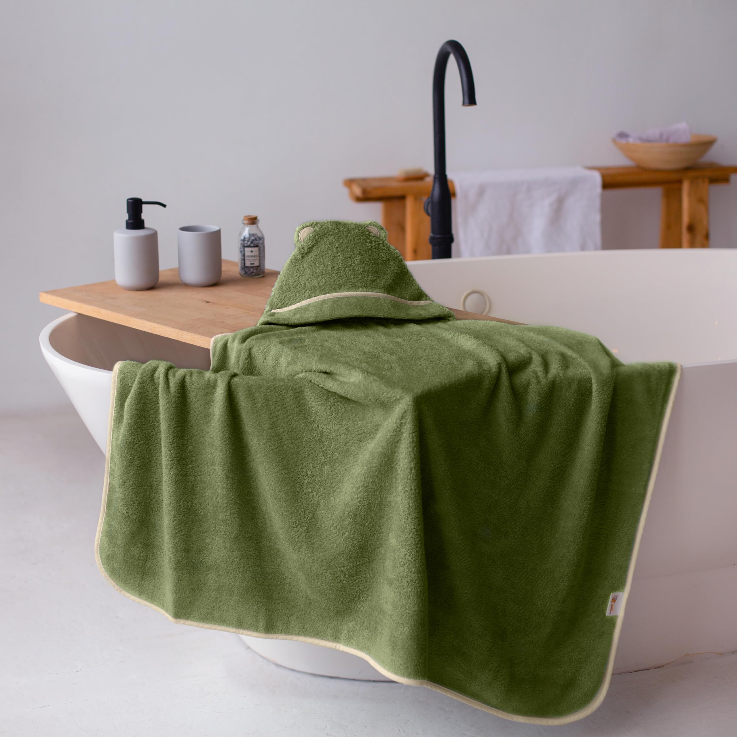 Warm Cuddles Olive large 38 by 26 inch towel laid flat for scale and coverage