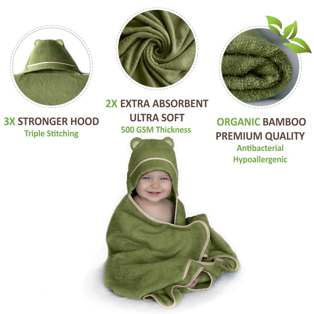 Warm Cuddles Olive baby wrapped after bath showcasing generous size and cozy warmth