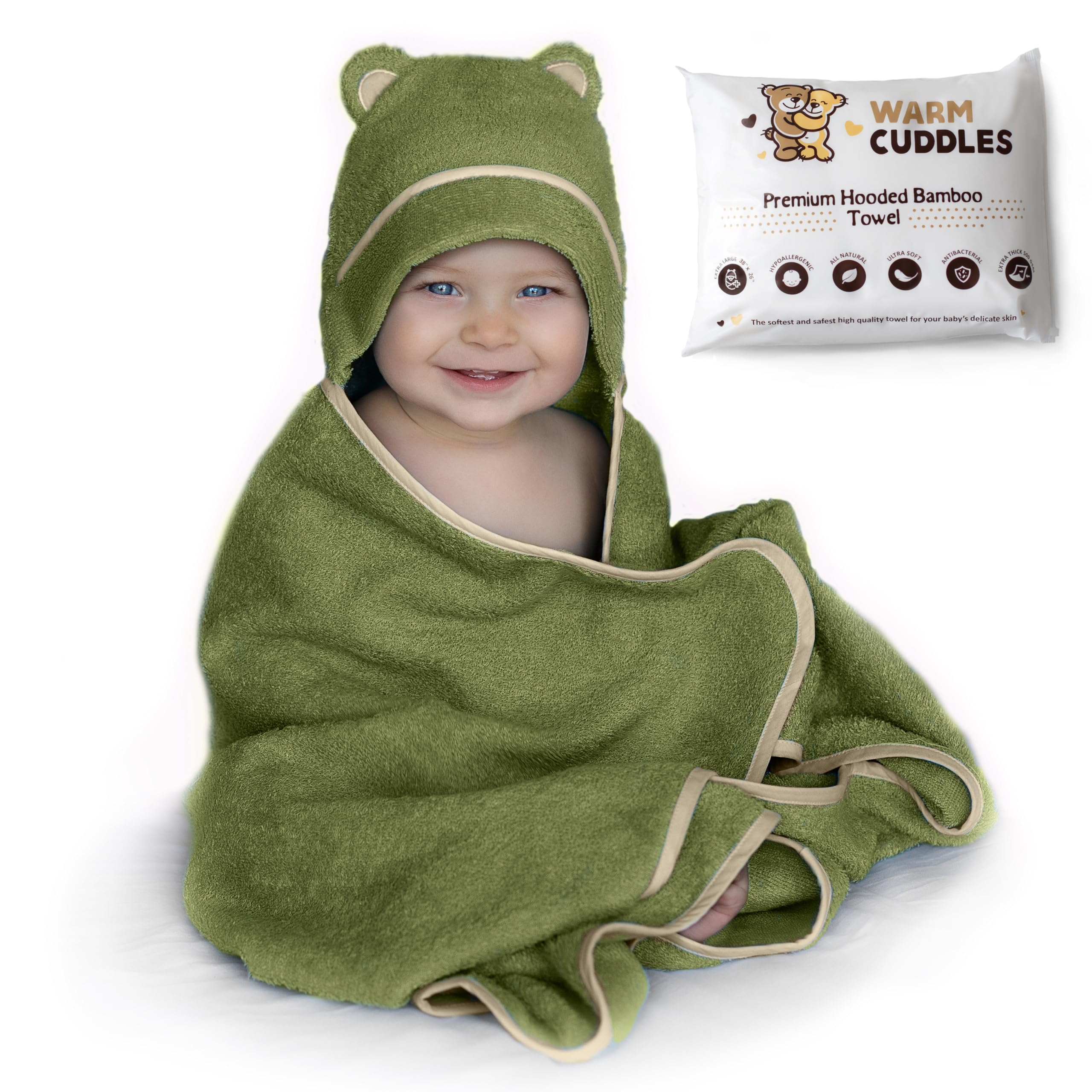 Warm Cuddles Olive hooded towel closeup highlights plush bamboo fabric and baby-safe softness