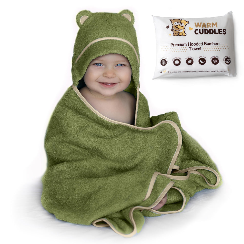 Warm Cuddles Olive hooded towel closeup highlights plush bamboo fabric and baby-safe softness
