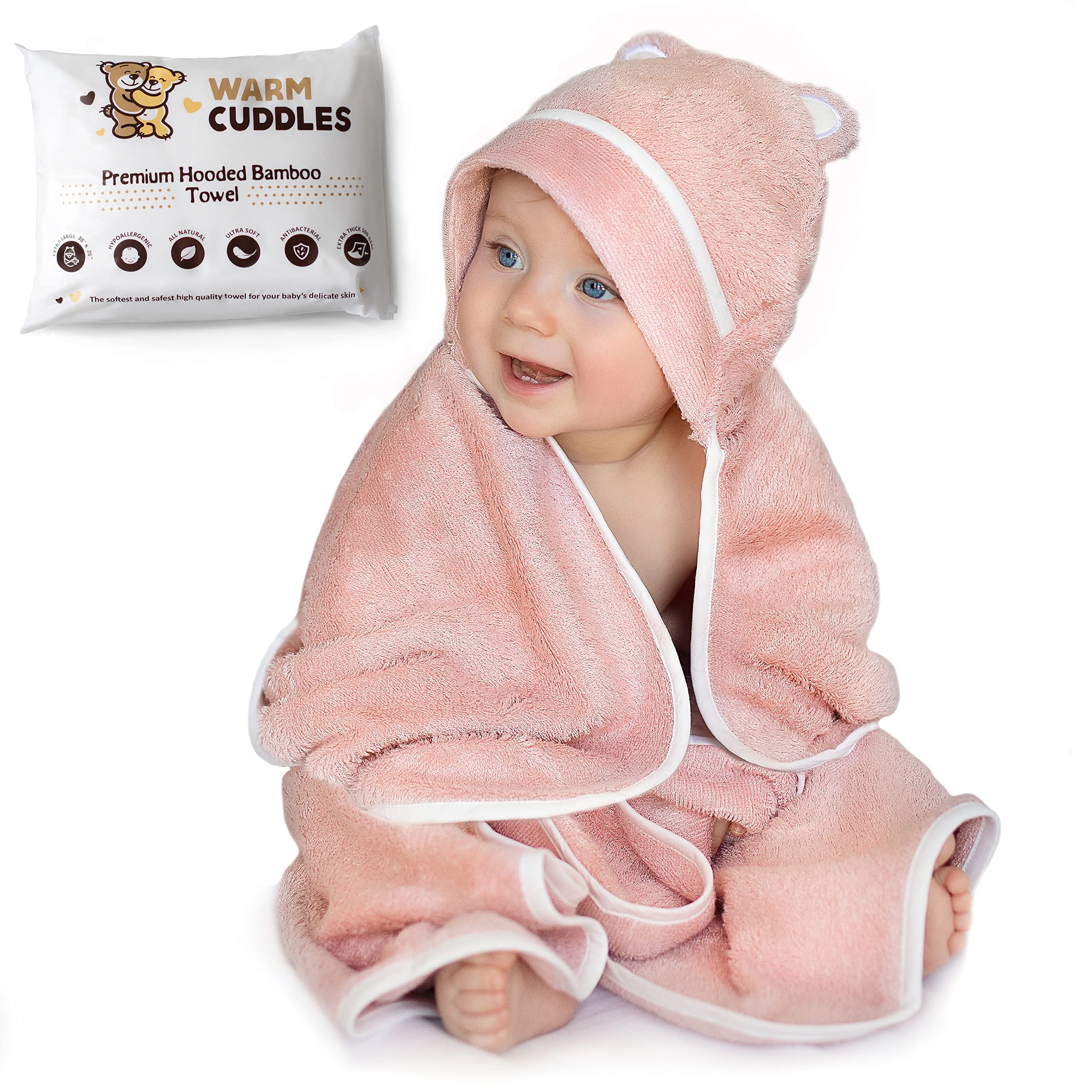 Warm Cuddles hooded pink towel for newborns keeps baby warm after bath.