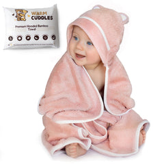 Warm Cuddles hooded pink towel for newborns keeps baby warm after bath.
