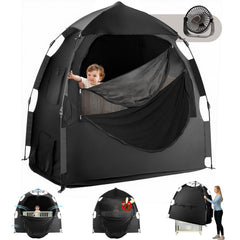 Warmoasis baby blackout tent setup shows quick, travel-ready sleep space.