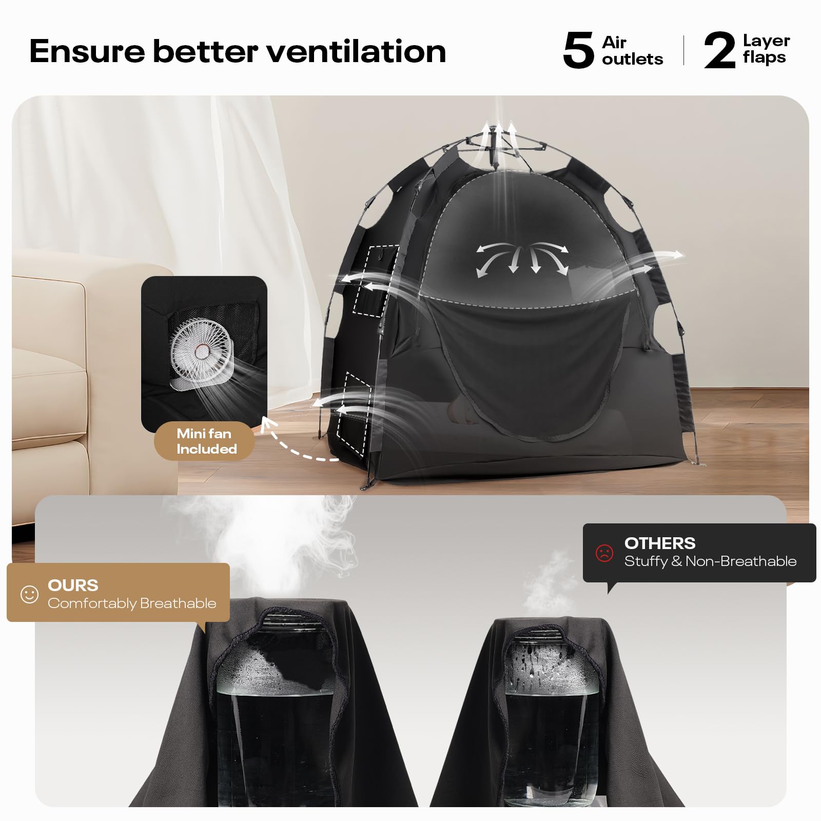 Warmoasis baby blackout tent with fan highlights improved ventilation.