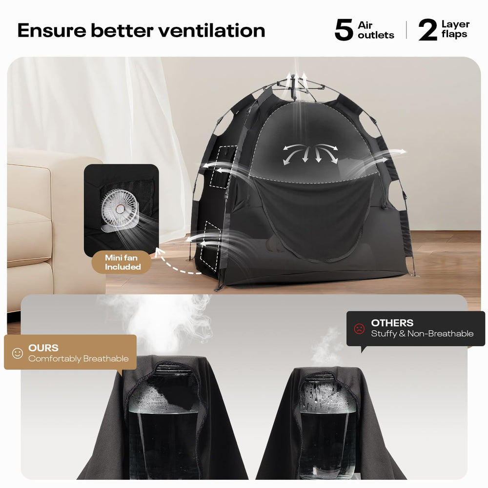 Warmoasis baby blackout tent with fan highlights improved ventilation.