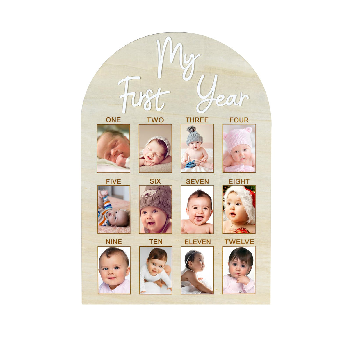 Wartter First Year Arch Frame showcases monthly milestone spaces for baby's photos.