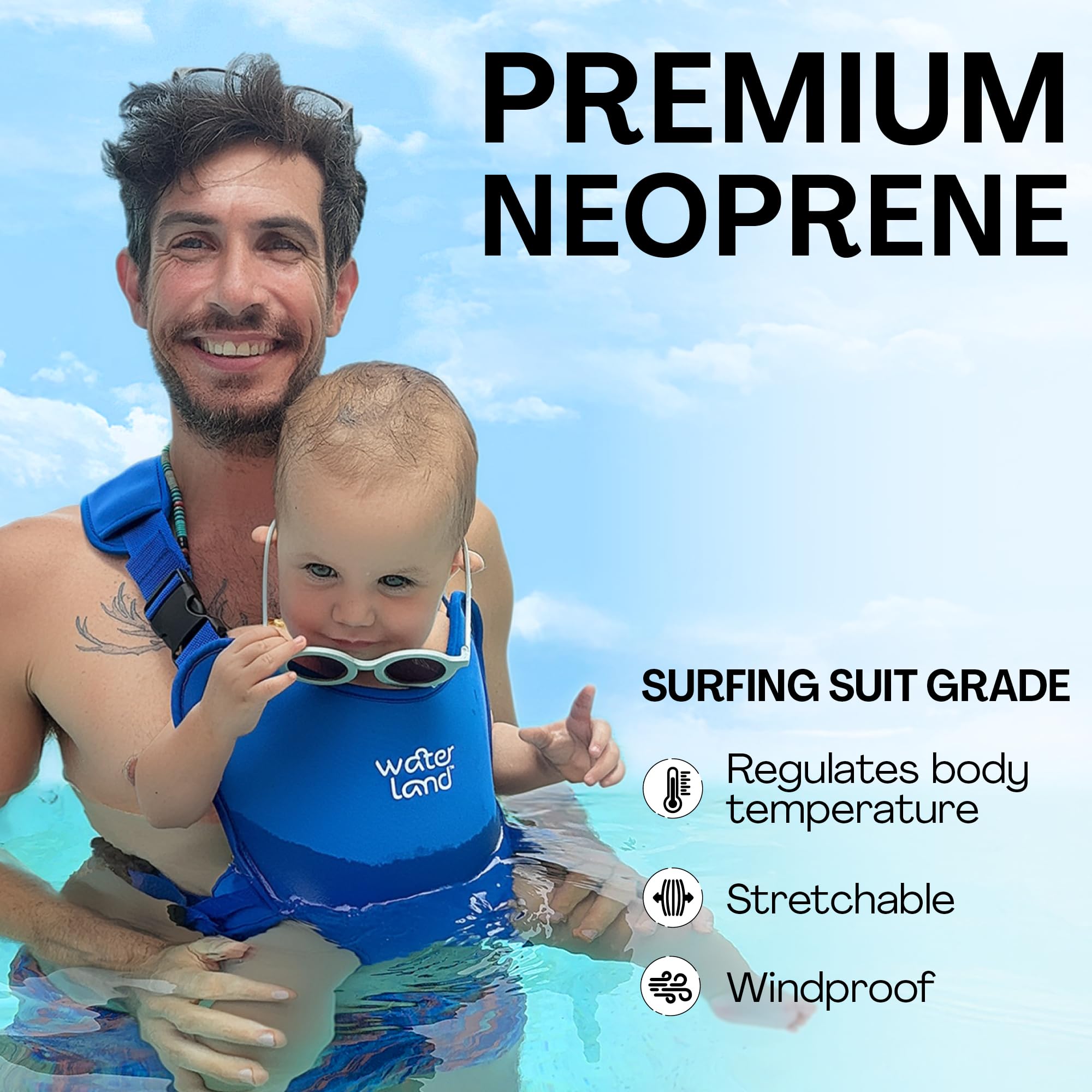 WaterLand Beach-ready carrier for infant use on shore and in water.