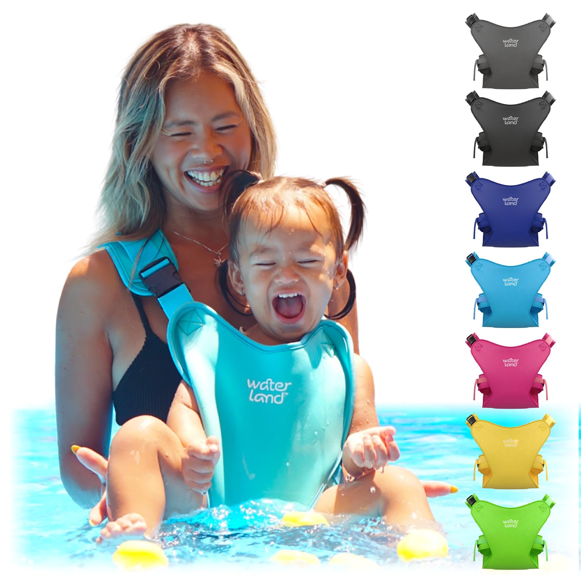 WaterLand Waterproof Baby Carrier in water, secure infant support during swim time.