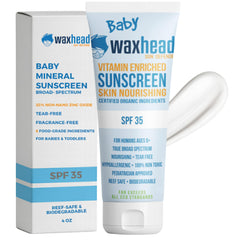 Waxhead Baby Sunscreen SPF 35 bottle shows mineral protection for delicate skin
