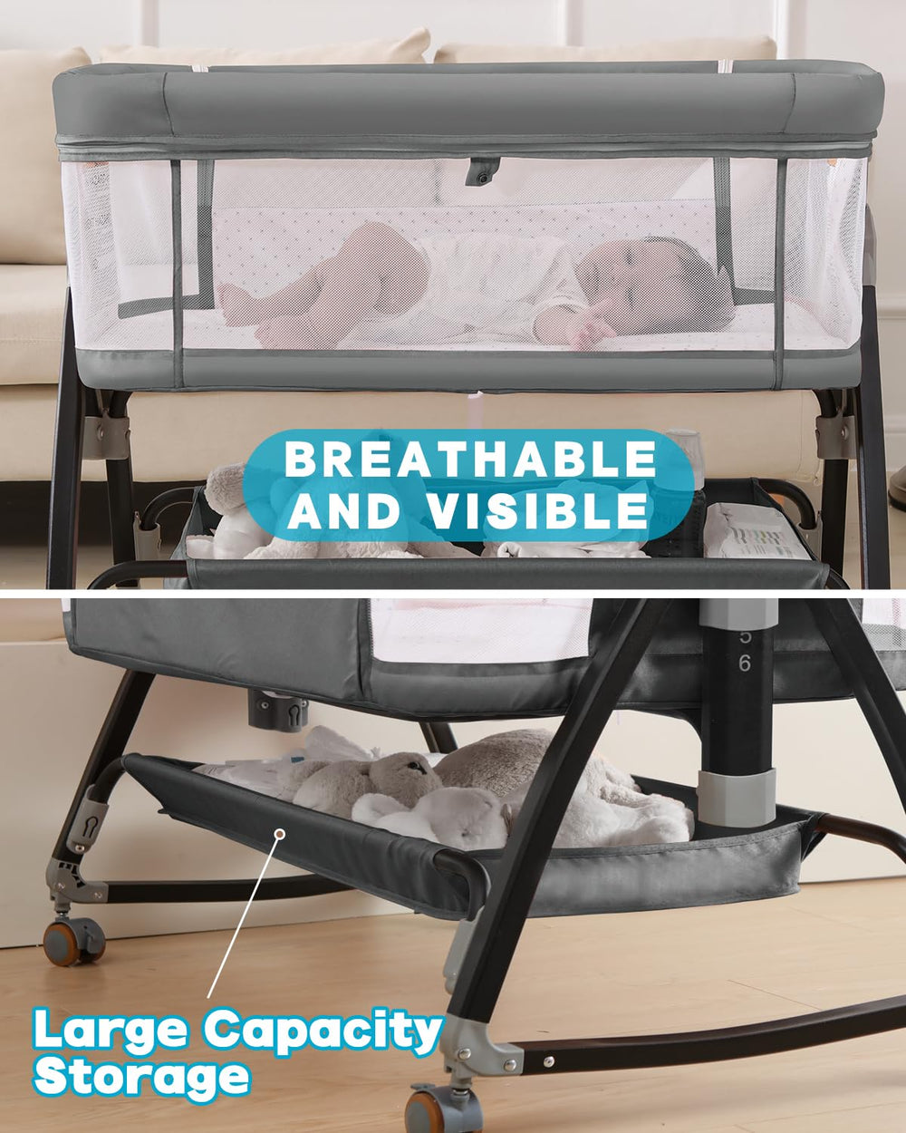 Wayfong Baby Bassinet offers six-height adjustment to fit bed height.