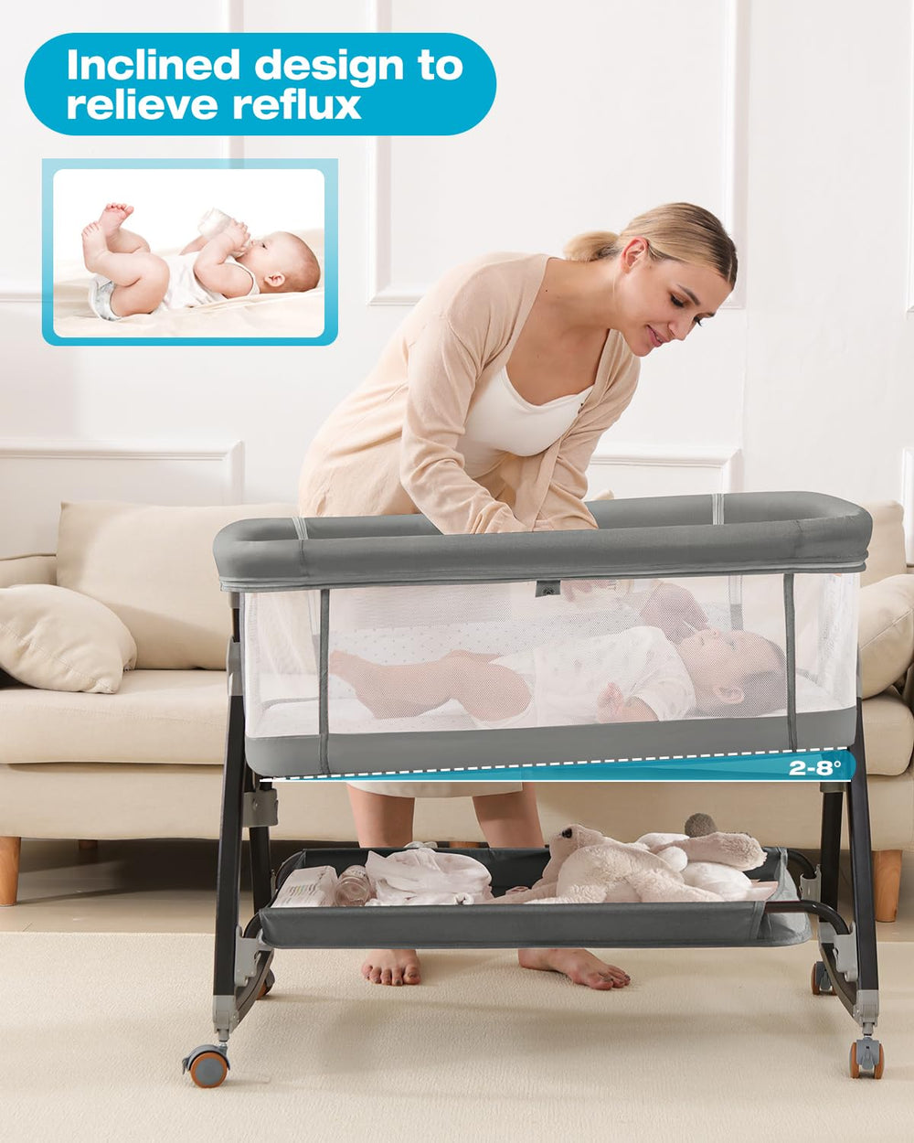 Wayfong Baby Bassinet includes mosquito net for protected sleep.