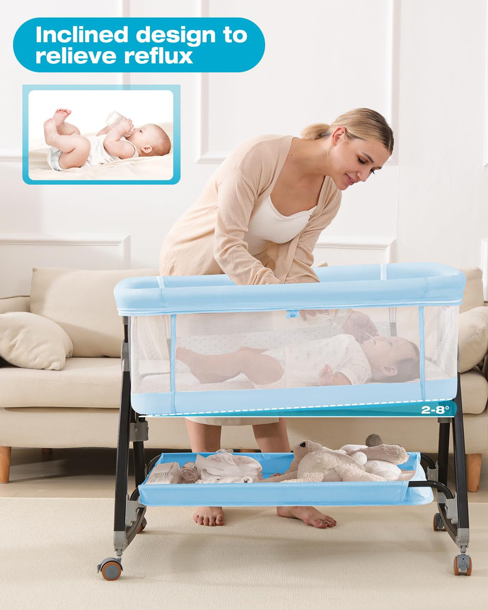 Wayfong bassinet mosquito net shields baby from insects during sleep.