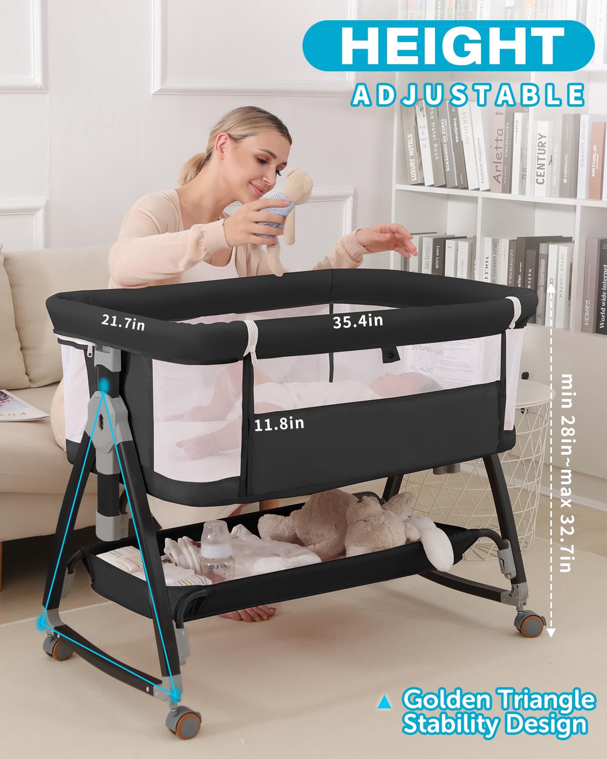 Wayfong bassinet incline adjustment shows elevated position for comfortable feeding