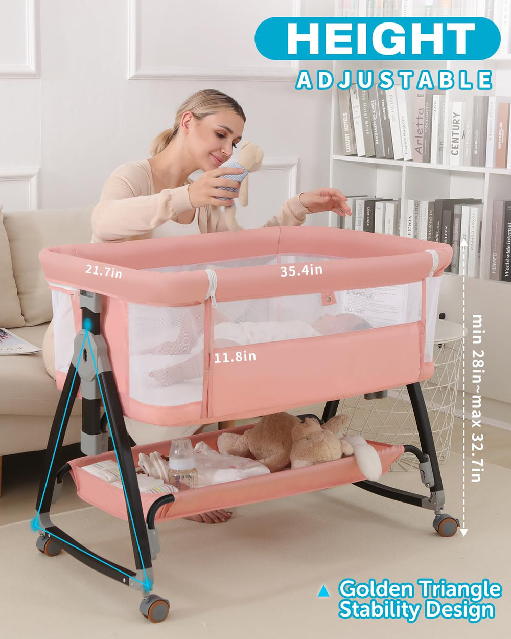 Wayfong bedside bassinet shows height adjustment to match bed height precisely.