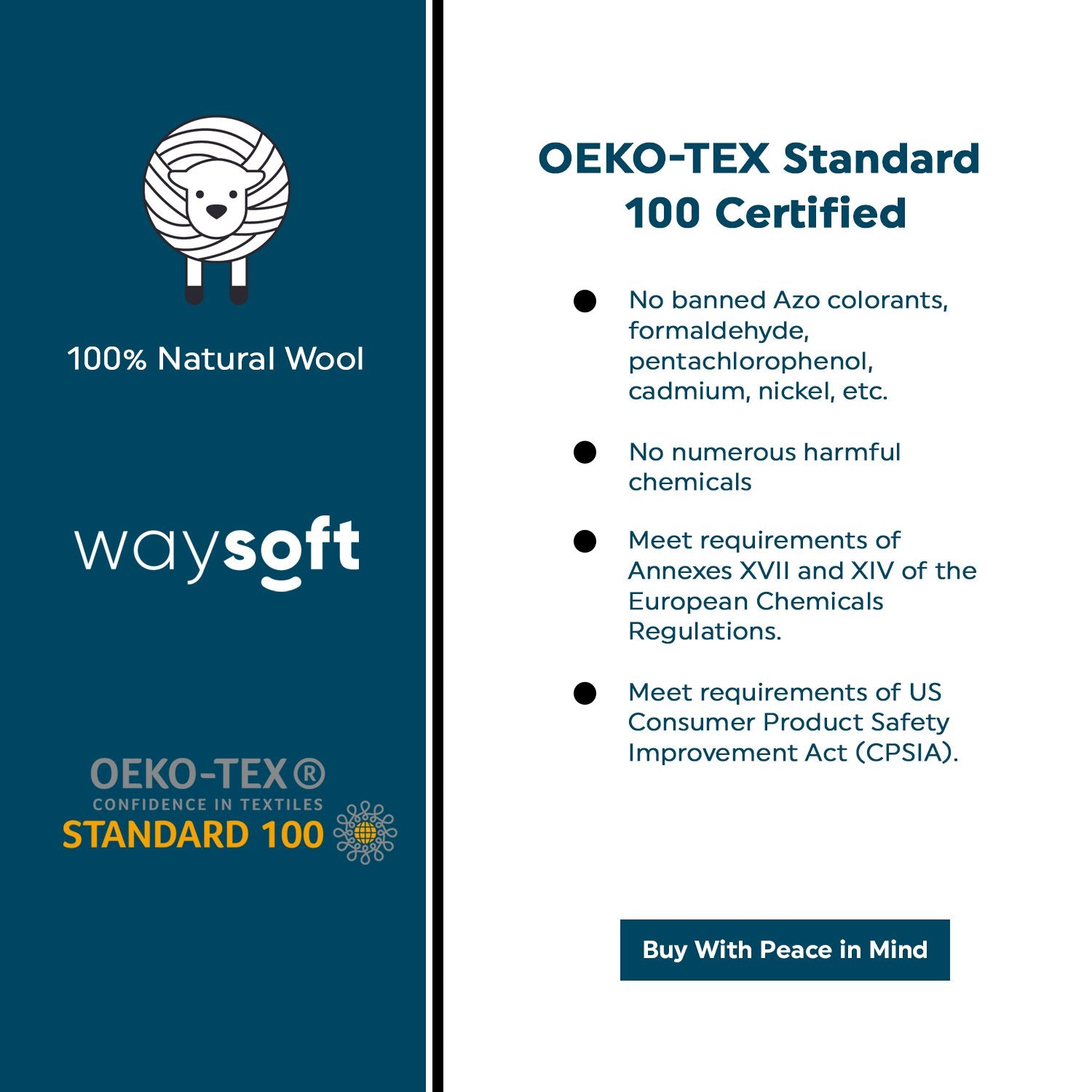 WaySoft rug certified safe with Oeko-Tex Standard 100 and Woolmark.