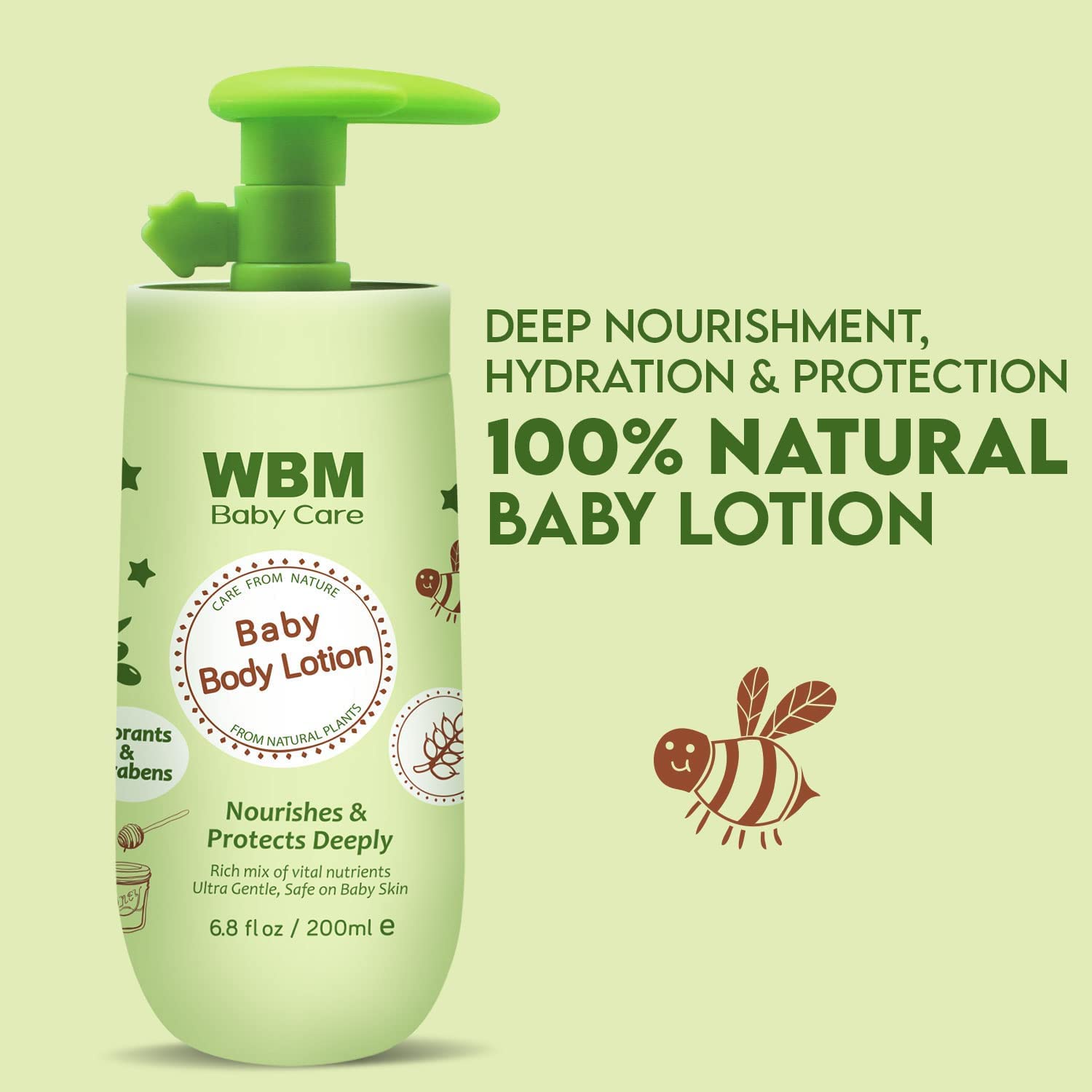 WBM Care Baby Lotion bottle top highlights easy, non-greasy application.