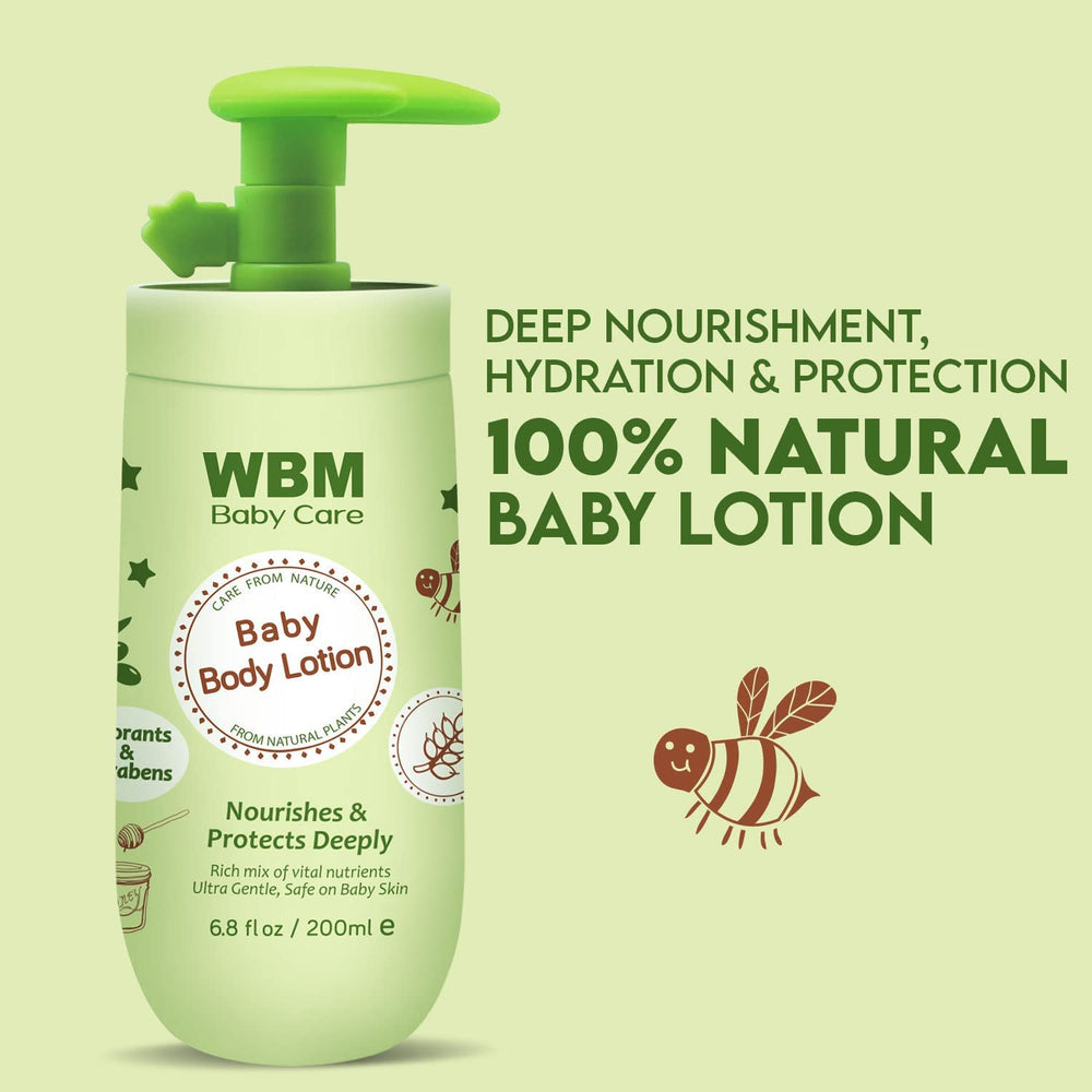 WBM Care Baby Lotion bottle top highlights easy, non-greasy application.