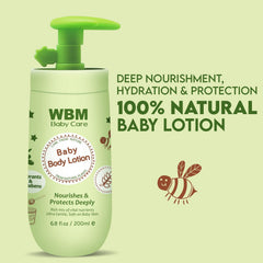 WBM Care Baby Lotion bottle top highlights easy, non-greasy application.